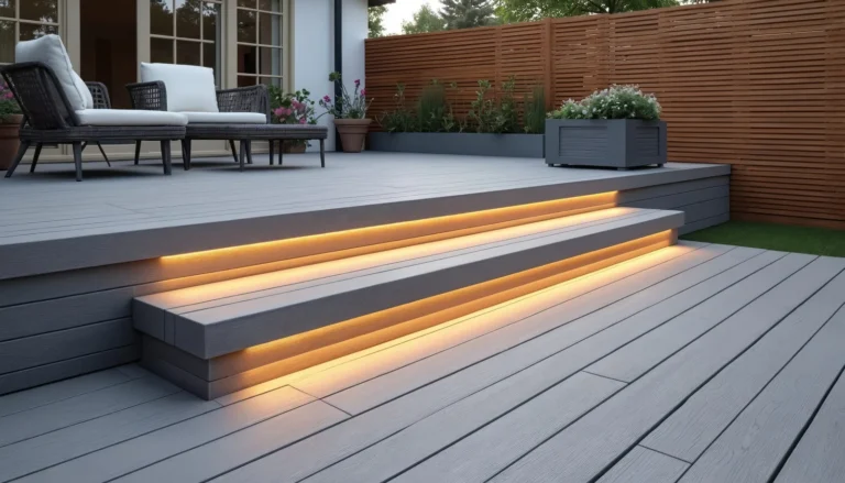 Composite deck steps with riser lighting